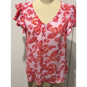 Women's CHAUS Pink Orange Paisley Ruffle Sleeve v-neck Blouse S